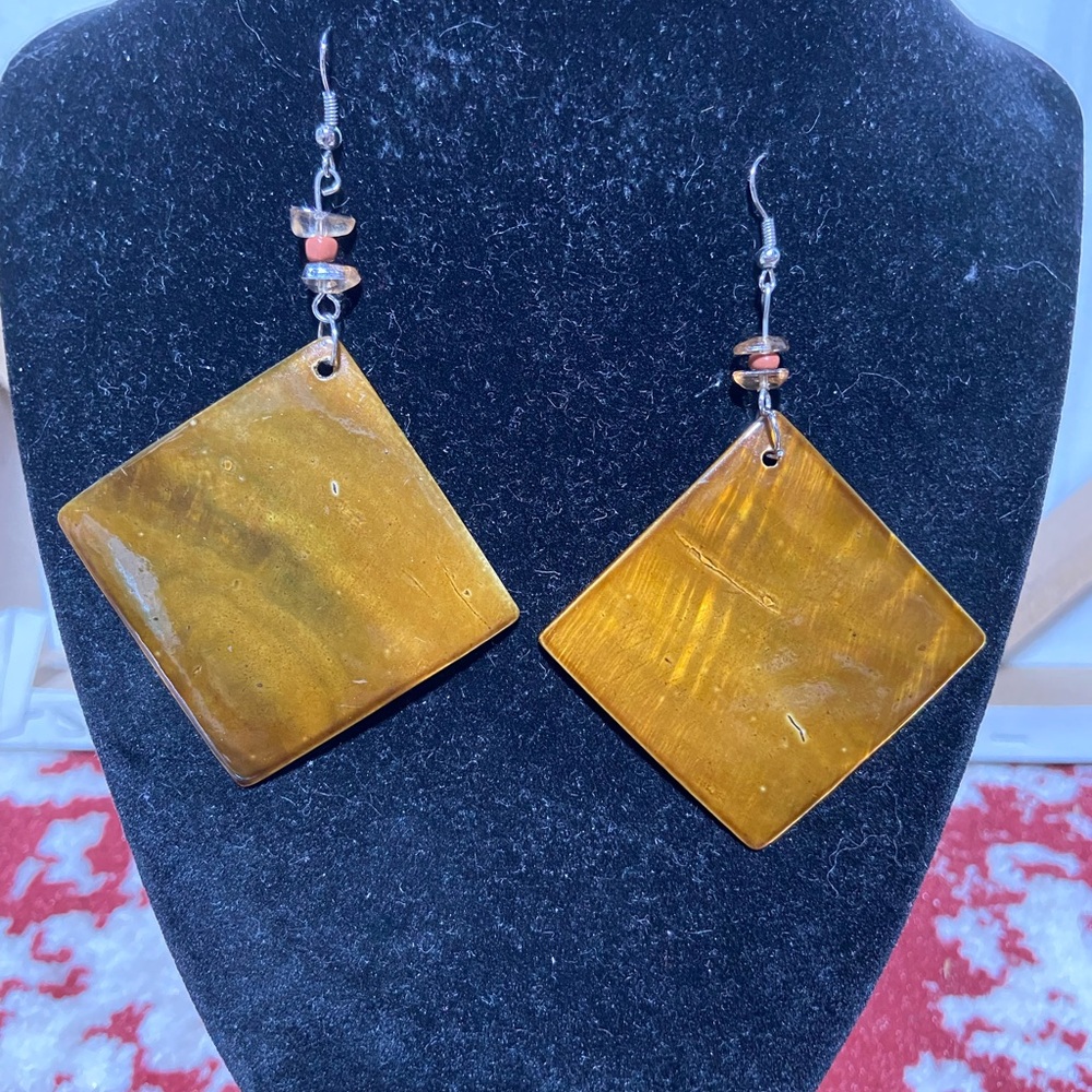 Boho Dyed Brown Mother of Pearl Shell Diamond Square Dangle Earrings